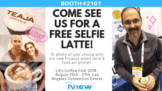 iview will be at los angeles coffee fest 2019 to demonstrate their latte art printer the picasso. print selfies on coffee foam with this machine